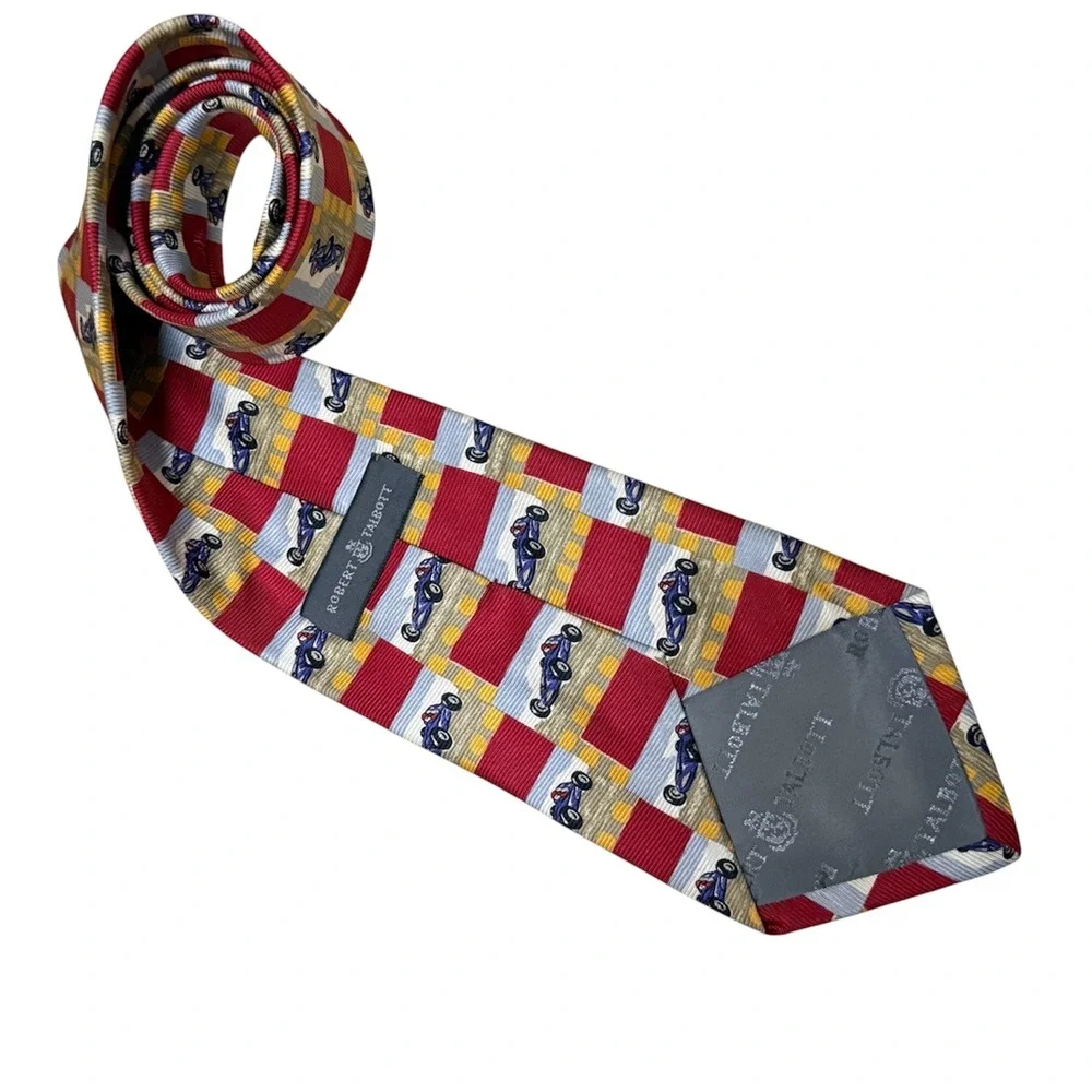 Robert Talbott Best of Class Silk Tie Mens Vintage Race Car Novelty Red Gold 4in